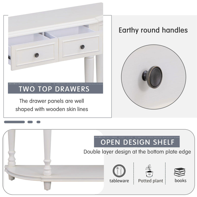 Retro Circular Curved Design Console Table with Open Style Shelf Solid Wooden Frame and Legs Two Top Drawers (Antique White) - Urban Living Furniture (Los Angeles, CA)