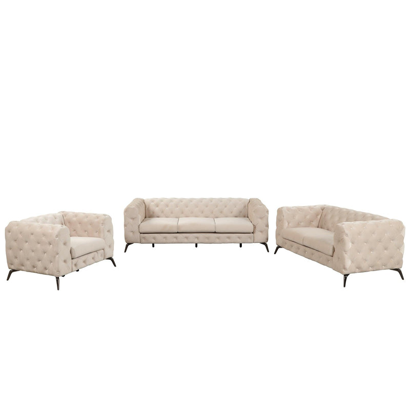 Modern 3-Piece Sofa Sets with Sturdy Metal Legs,Velvet Upholstered Couches Sets Including Three Seat Sofa, Loveseat and Single Chair for Living Room Furniture Set,Beige