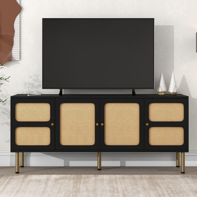 Boho style TV Stand with Rattan Door, Woven Media Console Table for TVs Up to 70”, Country Style Design Side Board with Gold Metal Base for Living Room, Black. - Urban Living Furniture (Los Angeles, CA)