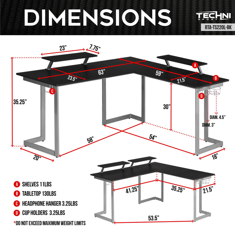 Techni Sport Warrior L-Shaped Gaming Desk, Black - Urban Living Furniture (Los Angeles, CA)