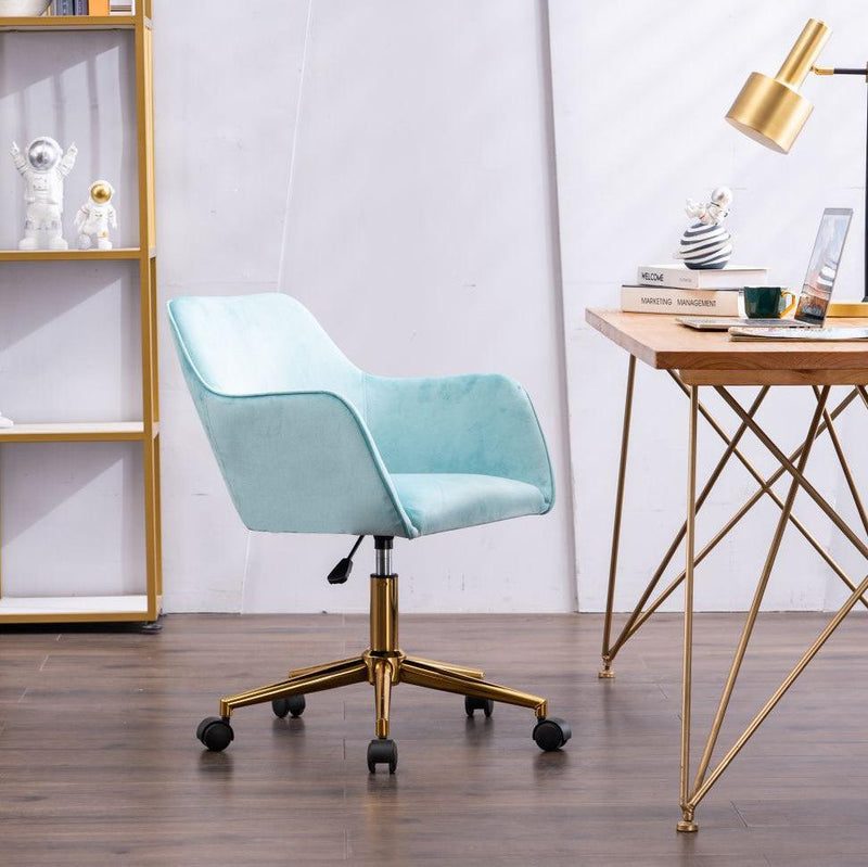 Modern Velvet Fabric Material Adjustable Height 360 revolving Home Office Chair with Gold Metal Legs and Universal Wheels for Indoor,Aqua Light Blue