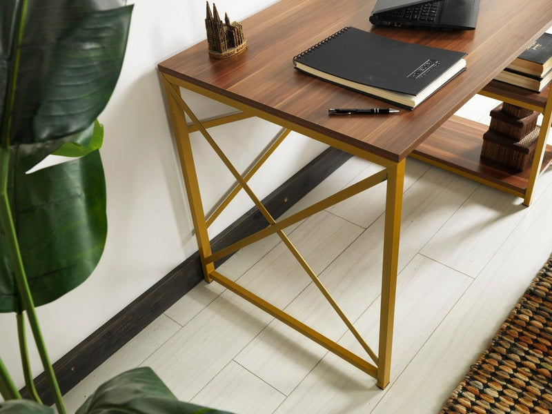 Furnish Home Store Morello Gold Metal Frame 47" Wooden Top 2 Shelves Writing and Computer Desk for Home Office, White - Urban Living Furniture (Los Angeles, CA)