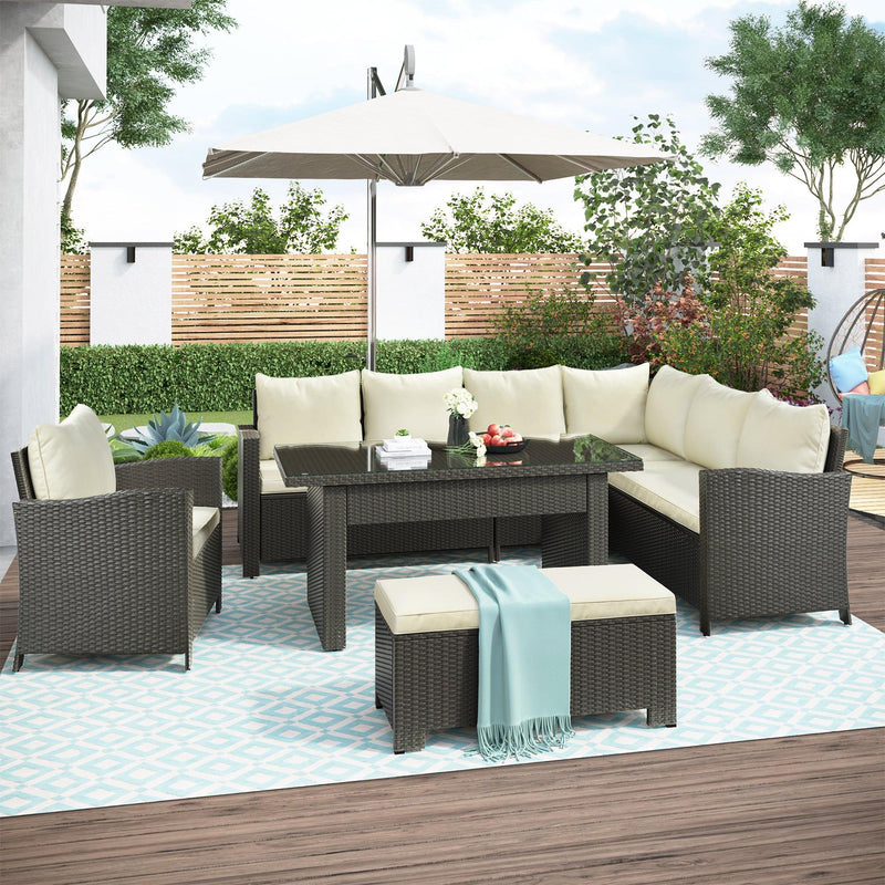 Patio Furniture Set, 6 Piece Outdoor Conversation Set, Dining Table Chair with Bench and Cushions - Urban Living Furniture (Los Angeles, CA)