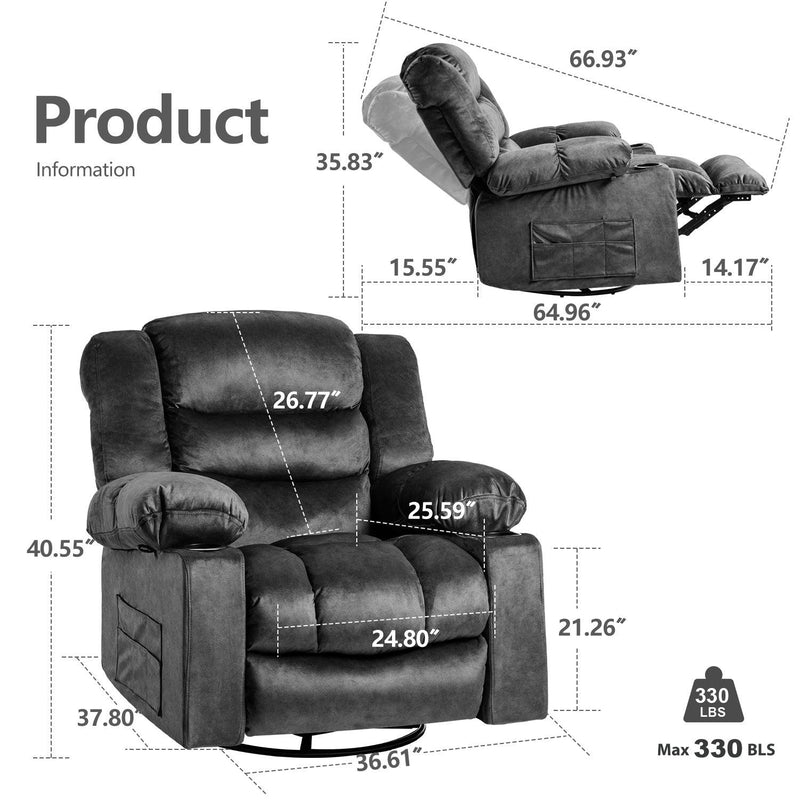 36.6" Wide Velvet Manual Swivel Rocker Heating Massage Recliner Chair with Cupholders