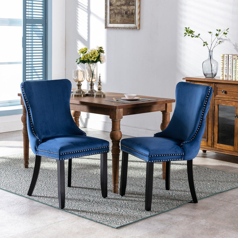 Cream Upholstered Wing-Back Dining Chair with Backstitching Nailhead Trim and Solid Wood Legs,Set of 2, Blue