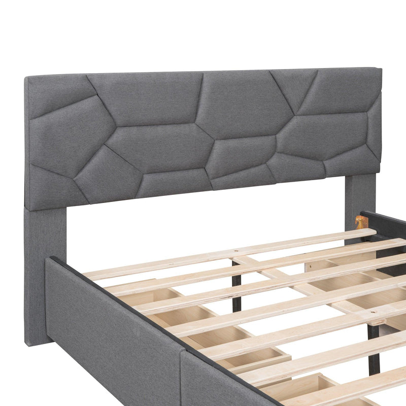 Full Size Upholstered Platform Bed with Brick Pattern Heardboard and 4 Drawers, Linen Fabric, Gray