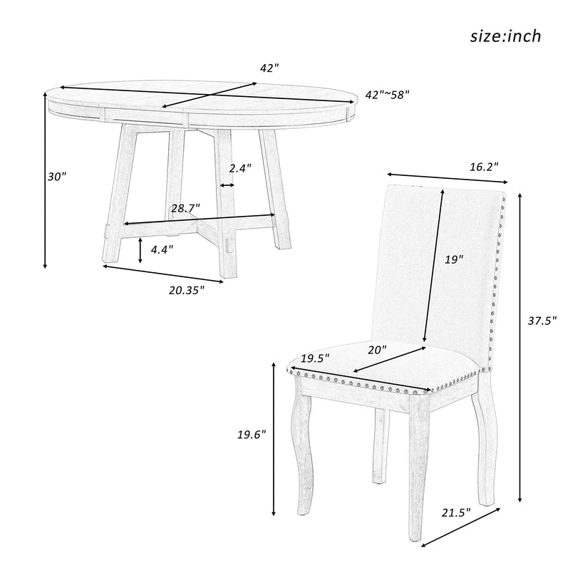 5-Piece Farmhouse Dining Table Set Wood Round Extendable Dining Table and 4 Upholstered Dining Chairs (Natural Wood Wash) - Urban Living Furniture (Los Angeles, CA)