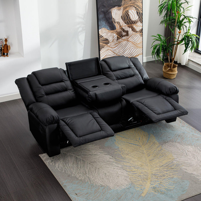 Home Theater Seating Manual Recliner with Center Console, PU Leather Reclining Sofa for Living Room,Black - Urban Living Furniture (Los Angeles, CA)