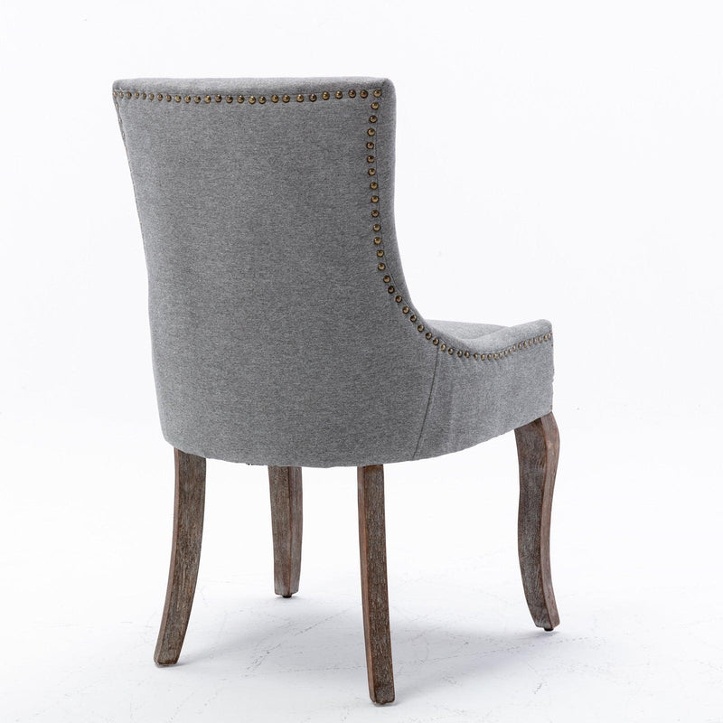 Ultra Side Dining Chair，Thickened fabric chairs with neutrally toned solid wood legs， Bronze nail head，Set of 2，Gray