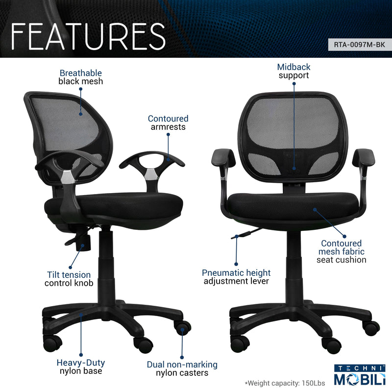 Techni Mobili Midback Mesh Task Office Chair, Black - Urban Living Furniture (Los Angeles, CA)