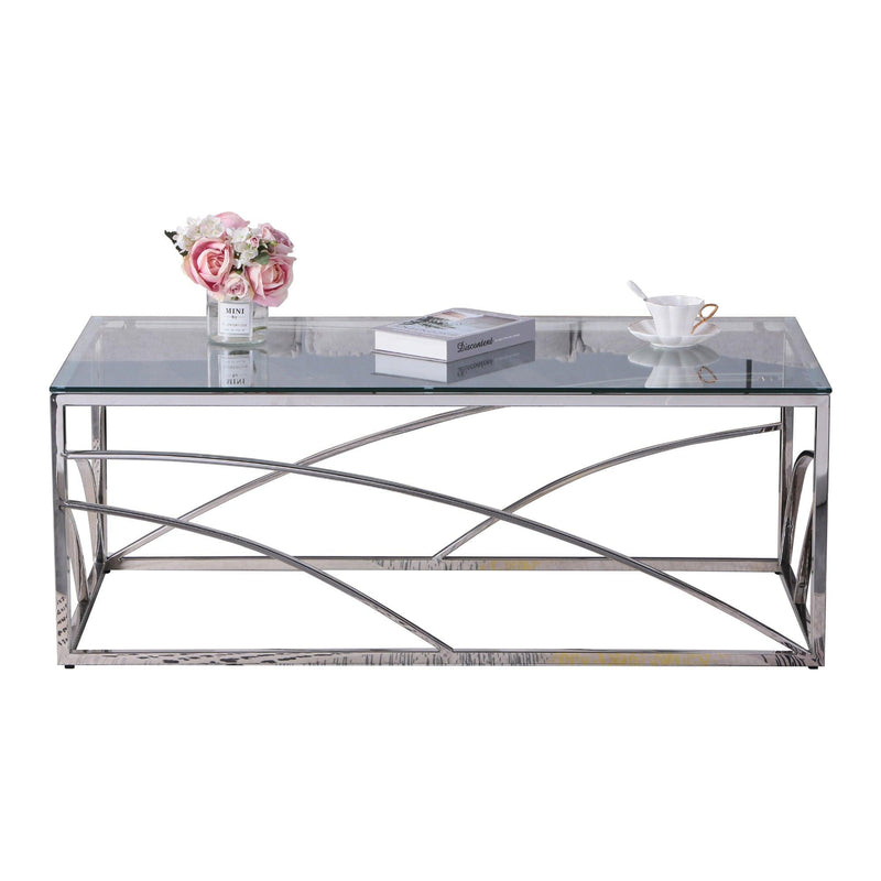 Stainless Steel Rectangular Accent Glass Coffee Table for Living Room- 46.8"Modern Sleek Center Table with Lounge Table with Clear Tempered Glass(Silver)