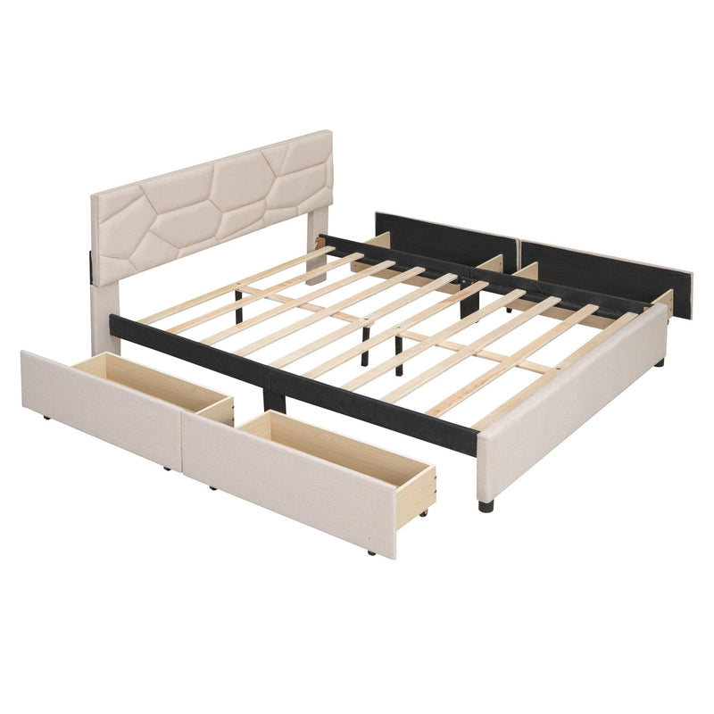 Queen Size Upholstered Platform Bed with Brick Pattern Heardboard and 4 Drawers, Linen Fabric, Beige - Urban Living Furniture (Los Angeles, CA)