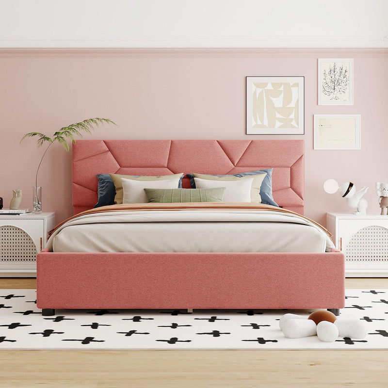 Queen Size Upholstered Platform Bed with Brick Pattern Heardboard and 4 Drawers, Linen Fabric, Pink - Urban Living Furniture (Los Angeles, CA)