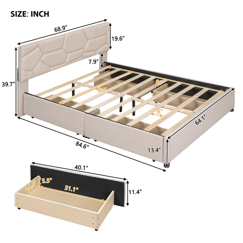 Queen Size Upholstered Platform Bed with Brick Pattern Heardboard and 4 Drawers, Linen Fabric, Beige - Urban Living Furniture (Los Angeles, CA)