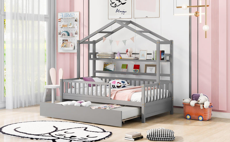 Wooden Twin Size House Bed with Trundle,Kids Bed with Shelf, Gray - Urban Living Furniture (Los Angeles, CA)