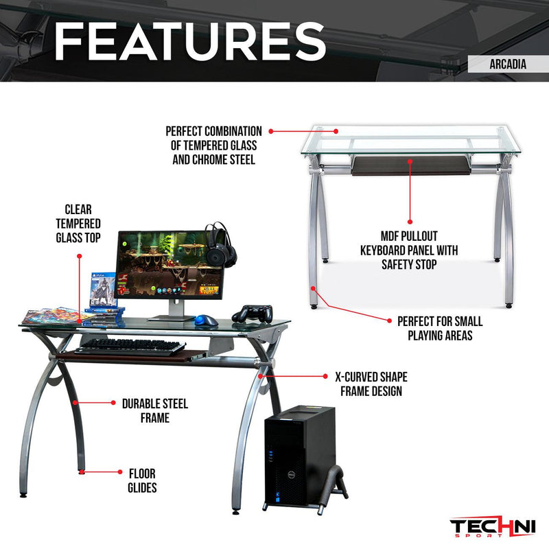 Techni Mobili Contempo Clear Glass Top Computer Desk with Pull Out Keyboard Panel, Clear - Urban Living Furniture (Los Angeles, CA)