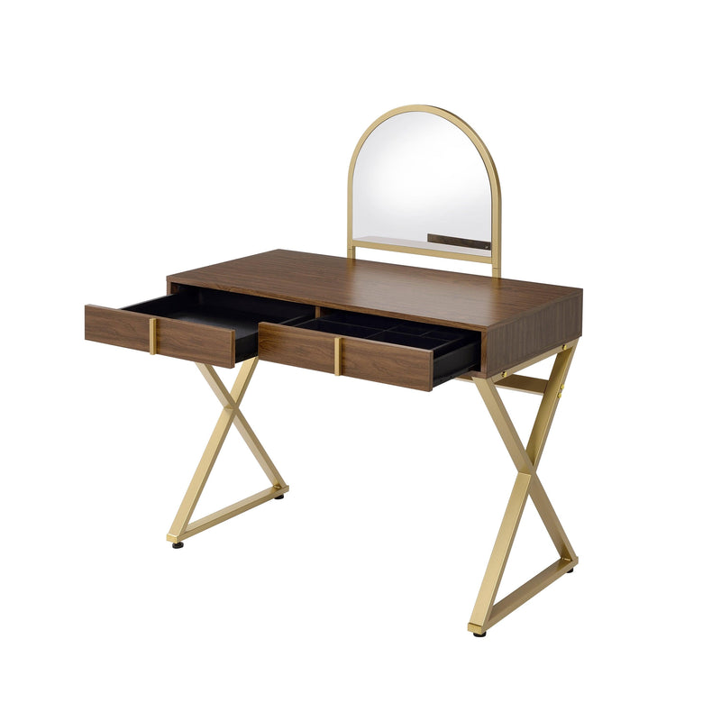 ACME Coleen Vanity Desk w/Mirror & Jewelry Tray in Walnut & Gold Finish AC00665