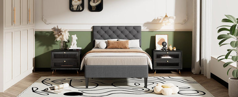 Upholstered Linen Platform Bed, Twin Size, Gray
