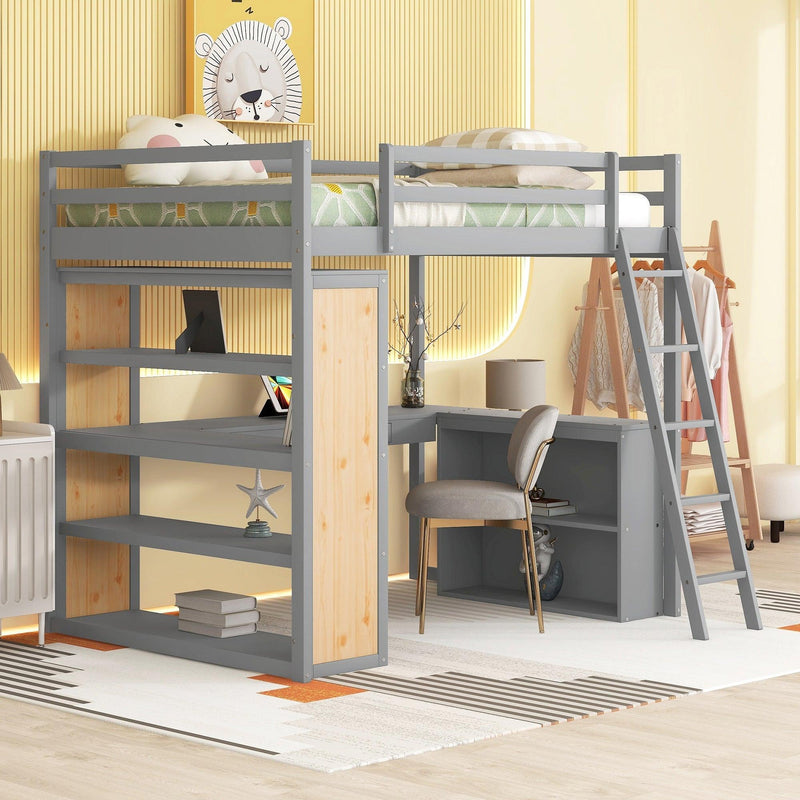 Full Size Loft Bed with Ladder, Shelves, and Desk, Gray - Urban Living Furniture (Los Angeles, CA)