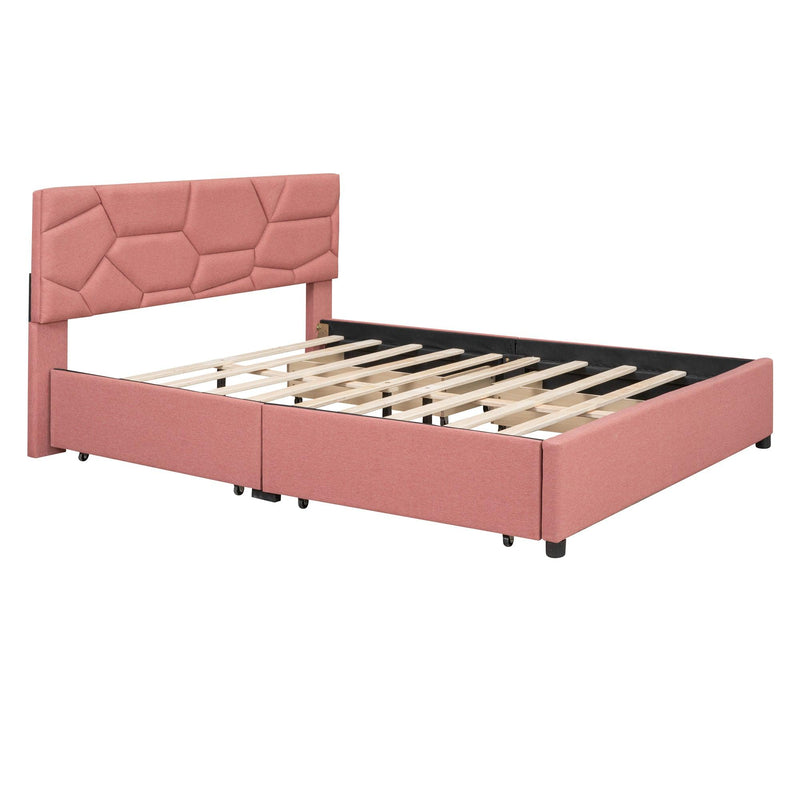 Queen Size Upholstered Platform Bed with Brick Pattern Heardboard and 4 Drawers, Linen Fabric, Pink - Urban Living Furniture (Los Angeles, CA)