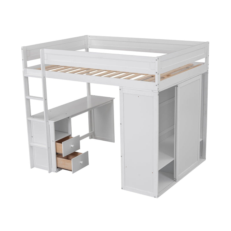 Wood Full Size Loft Bed with Wardrobes and 2-Drawer Desk with Cabinet, White - Urban Living Furniture (Los Angeles, CA)