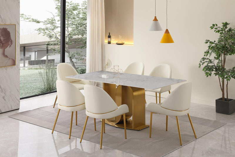 71" Contemporary Dining Table in Gold with Sintered Stone Top and  U shape Pedestal Base in Gold finish with 6 pcs Chairs .