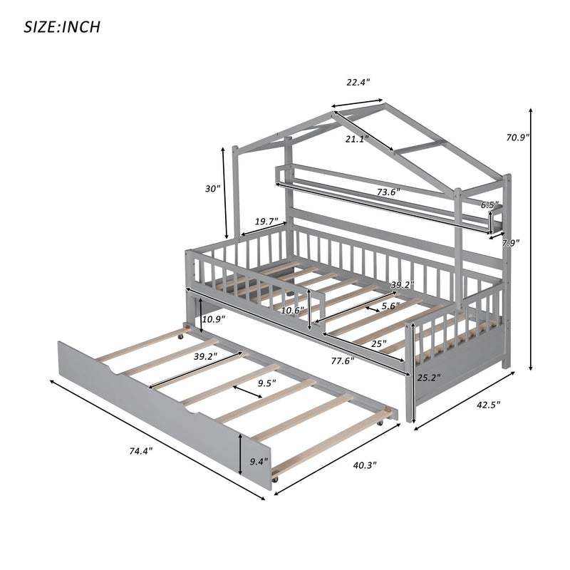 Wooden Twin Size House Bed with Trundle,Kids Bed with Shelf, Gray - Urban Living Furniture (Los Angeles, CA)