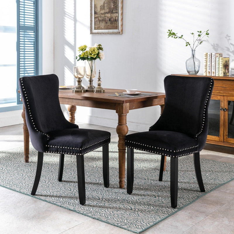 Cream Upholstered Wing-Back Dining Chair with Backstitching Nailhead Trim and Solid Wood Legs,Set of 2, Black - Urban Living Furniture (Los Angeles, CA)