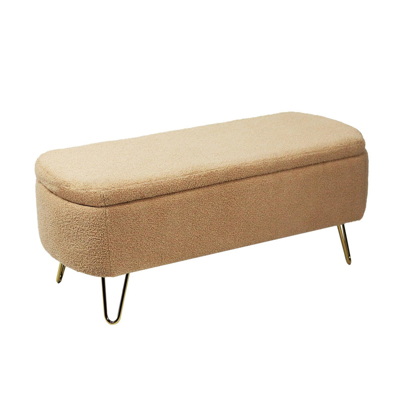 CamelStorage Ottoman Bench for End of Bed Gold Legs,Modern Camel Faux Fur Entryway Bench Upholstered Padded withStorage for Living Room Bedroom