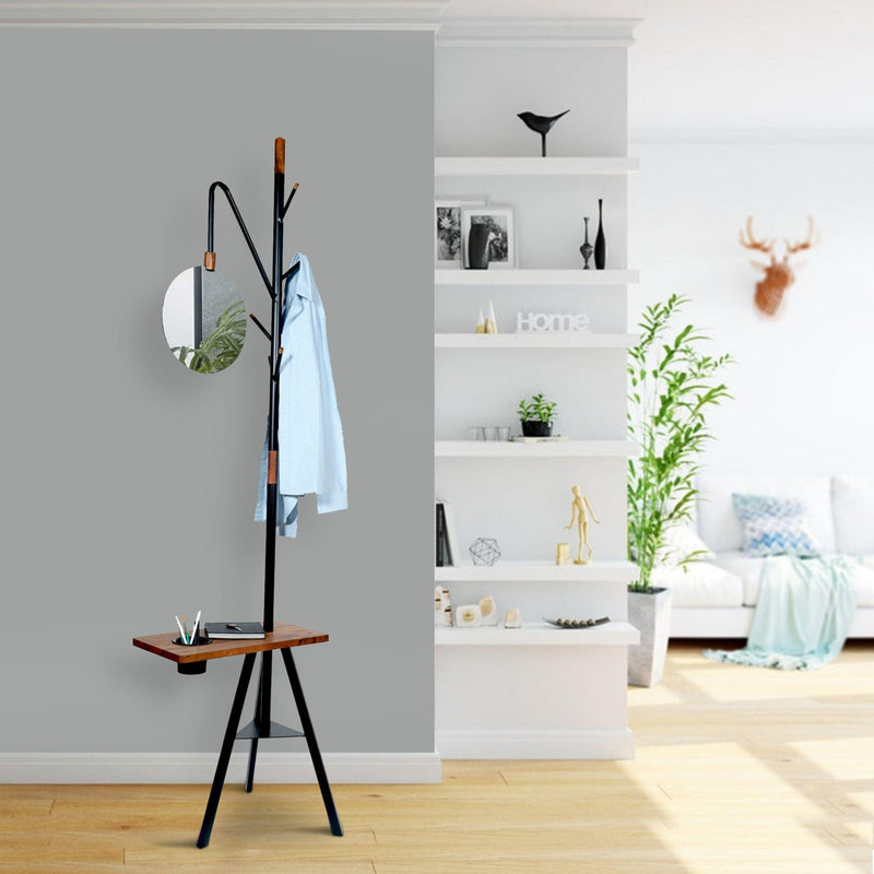 84 Inch Metal Coat Rack, Built In Mirror and Acacia Wood Accessory Table, Brown, Black - Urban Living Furniture (Los Angeles, CA)