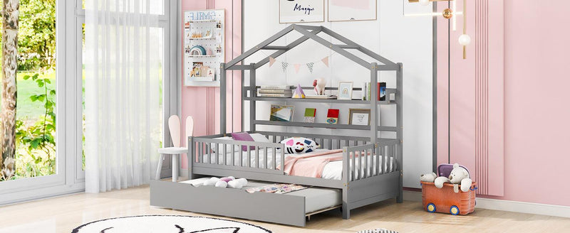 Wooden Twin Size House Bed with Trundle,Kids Bed with Shelf, Gray