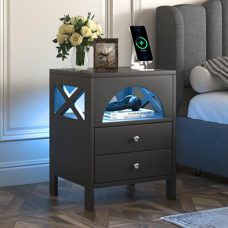 Nightstand with USB Charging Ports and LED Lights,End Table with 2 Drawers and Shelf,Black - Urban Living Furniture (Los Angeles, CA)