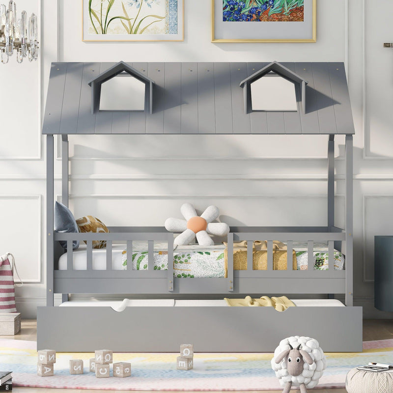 Twin Size House Bed Wood Bed with Twin Size Trundle ( Gray ) - Urban Living Furniture (Los Angeles, CA)