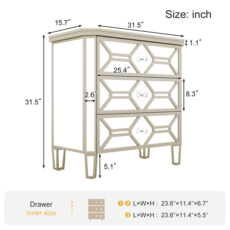 Elegant Mirrored 3-Drawer Chest with Golden LinesStorage Cabinet for Living Room, Hallway, Entryway