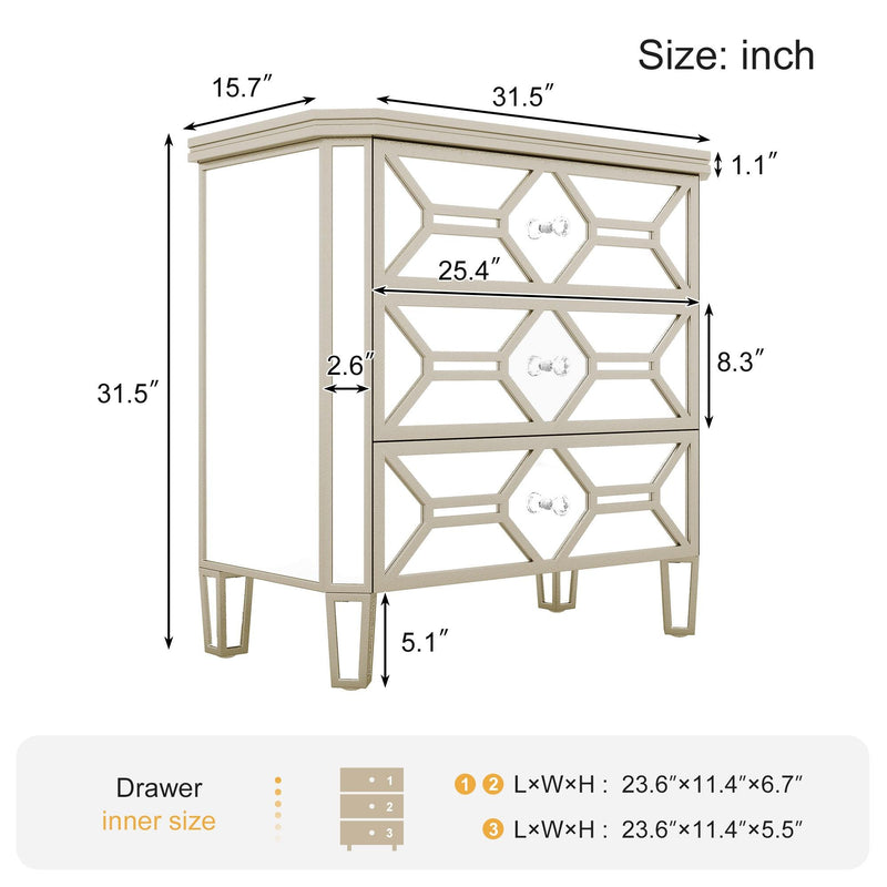 Elegant Mirrored 3-Drawer Chest with Golden LinesStorage Cabinet for Living Room, Hallway, Entryway - Urban Living Furniture (Los Angeles, CA)