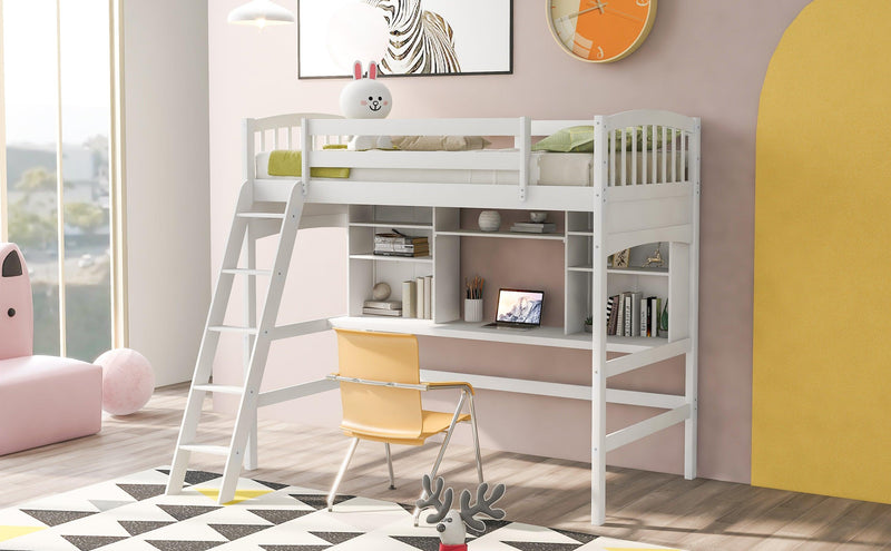 Twin size Loft Bed withStorage Shelves, Desk and Ladder, White - Urban Living Furniture (Los Angeles, CA)