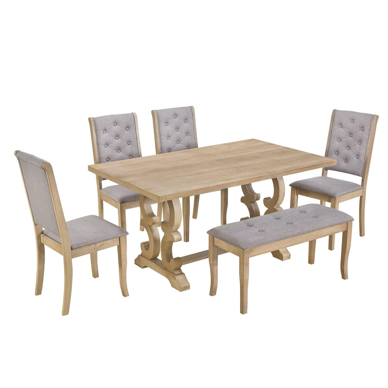 6-Piece Retro Dining Set with Unique-designed Table Legs and Foam-covered Seat Backs&Cushions for Dining Room (Grey Wash) - Urban Living Furniture (Los Angeles, CA)