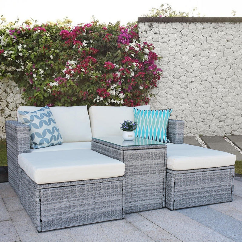 5 Pieces Outdoor Patio Wicker Sofa Set Grey Rattan and Beige Cushion with Weather Protecting Cover - Urban Living Furniture (Los Angeles, CA)