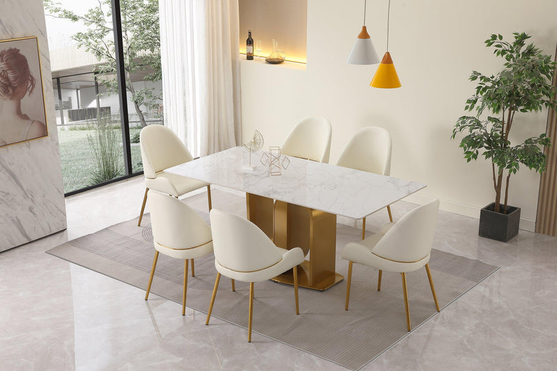 71" Contemporary Dining Table in Gold with Sintered Stone Top and  U shape Pedestal Base in Gold finish with 6 pcs Chairs . - Urban Living Furniture (Los Angeles, CA)