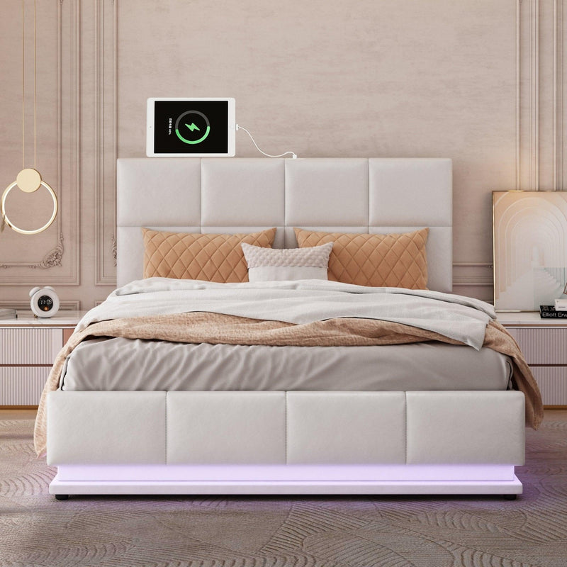 Tufted Upholstered Platform Bed with HydraulicStorage System,Queen Size PUStorage Bed with LED Lights and USB charger, White - Urban Living Furniture (Los Angeles, CA)