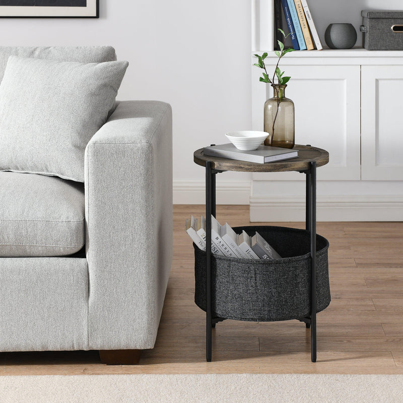 Modern Accent End Table withStorage Basket，Grey Cloth Bag and Brown Top （18“x18”x24“）