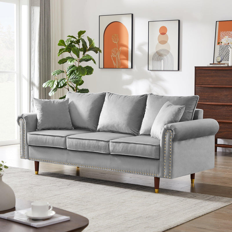 GREY Velvet Sofa Couch with 2 Pillows,Modern 3 Seater Sofa With Wood Legs for Living Room and Bedroom . - Urban Living Furniture (Los Angeles, CA)