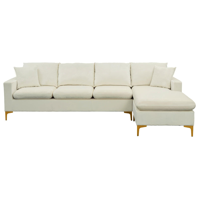 110.6" Sectional Sofa with Ottoman, L-Shape Elegant Velvet Upholstered Couch with 2 Pillows for Living Room Apartment,Cream White