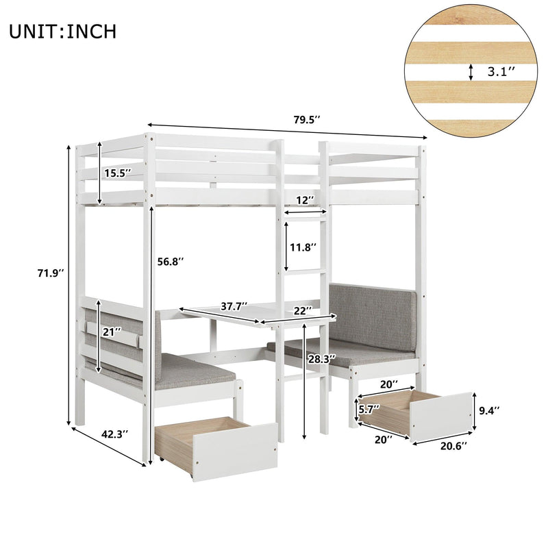 Functional Loft Bed (turn into upper bed and down desk，cushion sets are free),Twin Size,White