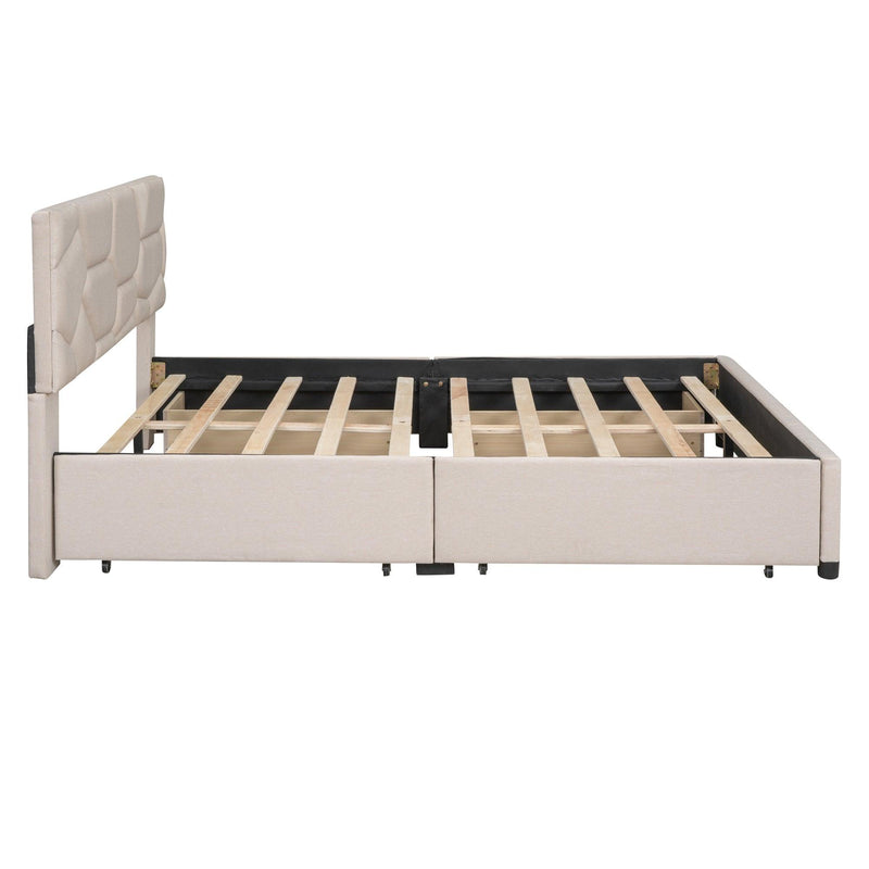 Queen Size Upholstered Platform Bed with Brick Pattern Heardboard and 4 Drawers, Linen Fabric, Beige - Urban Living Furniture (Los Angeles, CA)