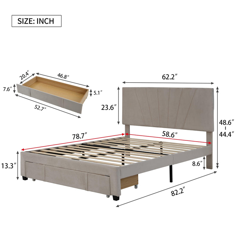 Queen SizeStorage Bed Velvet Upholstered Platform Bed with a Big Drawer - Beige - Urban Living Furniture (Los Angeles, CA)