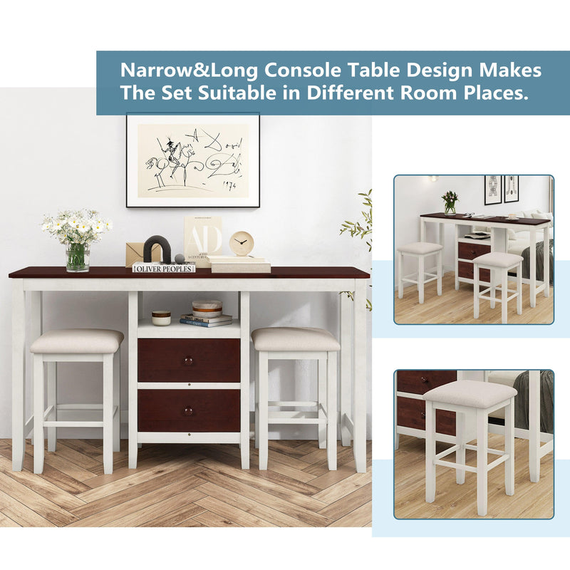 Farmhouse Rustic 3-piece Counter Height Wood Dining Table Set with 2Storage Drawers and 2 Stools for Small Places, White and Brown - Urban Living Furniture (Los Angeles, CA)