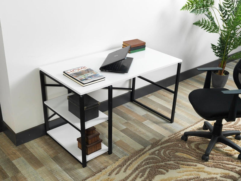 Furnish Home Store Sage Black Metal Frame 47" Wooden Top 2 Shelves Writing and Computer Desk for Home Office, White - Urban Living Furniture (Los Angeles, CA)