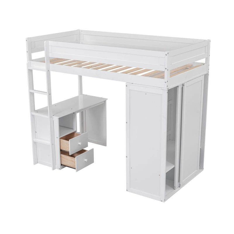 Wood Twin Size Loft Bed with Wardrobes and 2-Drawer Desk with Cabinet, White - Urban Living Furniture (Los Angeles, CA)