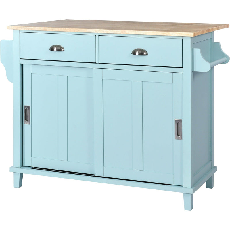 Kitchen Cart with Rubber wood Drop-Leaf Countertop, Concealed sliding barn door adjustable height,Kitchen Island on 4 Wheels withStorage Cabinet and 2 Drawers,L52.2xW30.5xH36.6 inch, Mint Green